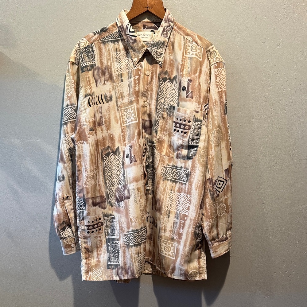 Vintage Beige and Brown Patterned Dress Shirt
